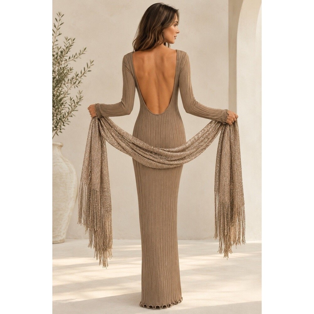 NWT COMMENSE Ribbed Backless Maxi Dress Taupe Long Sleeve Scalloped Hem & WRAP